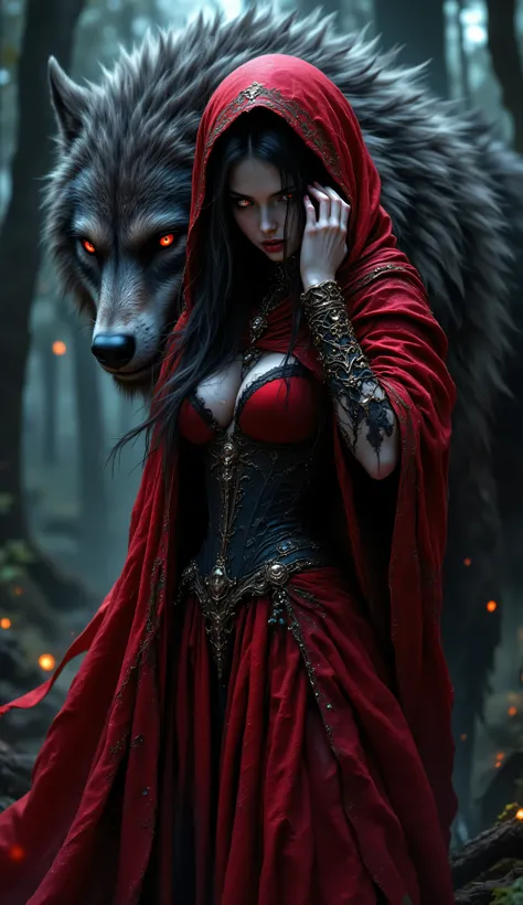 SharpL1nes, Highly detailed and dramatic digital artwork featuring a young woman and a large wolf in a misty forest. The woman has pale skin and long dark hair, partially covered by a red hooded cloak. Her attire includes a corset and a flowing red skirt w...