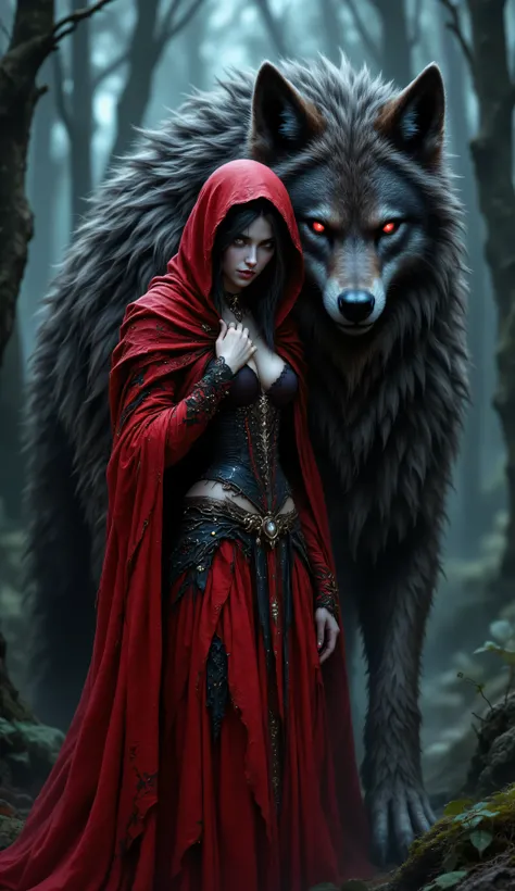 SharpL1nes, Highly detailed and dramatic digital artwork featuring a young woman and a large wolf in a misty forest. The woman has pale skin and long dark hair, partially covered by a red hooded cloak. Her attire includes a corset and a flowing red skirt w...