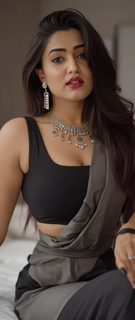 Close up photo of sexy vedhika , front view, curvy, hourglass figure, swooping breasts, deep cleavage, black and silver work blouse and saree,navel, belly button, sitting in a bed and doing push ups, look at viewer and subtle smile, French sexy long hai...