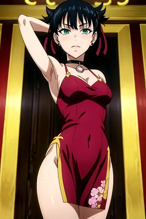 (kakegurui anime style:1.2), Marnie Pokemon, Marnie \(Pokemon\), (young face:1.3), (short:1.3), blue-green eyes, green eyes, black hair, medium hair, asymmetrical bangs, black choker, red hair ribbon, earrings, black nail polish, small breasted, (masterpie...