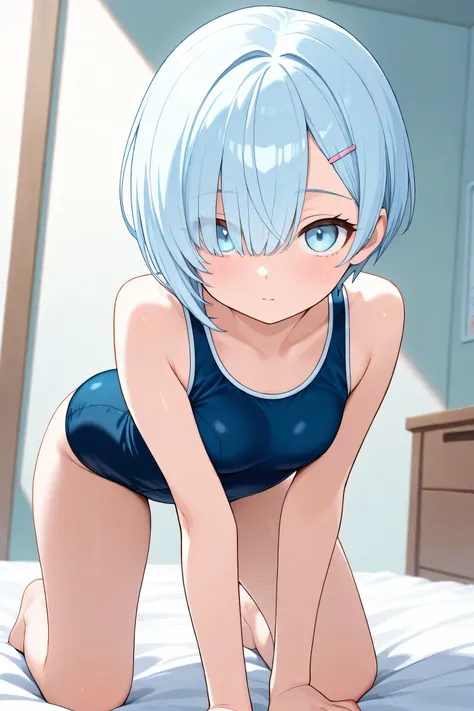 Light Blue Shortcut,Light Blue Eyes,school swimsuit,on all fours,angle from behind.
