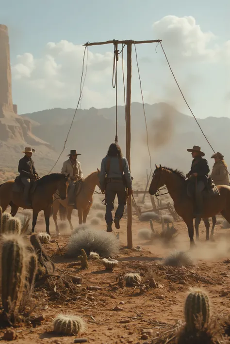 Cutthroat cowboy hillbilly killers on horseback watch a man hang from a noose. He kicks and chokes to death from a make-shift hangman's post he was pulled up onto so that his neck would not break and he would die slowly. Photo-realistic, desert setting, ul...