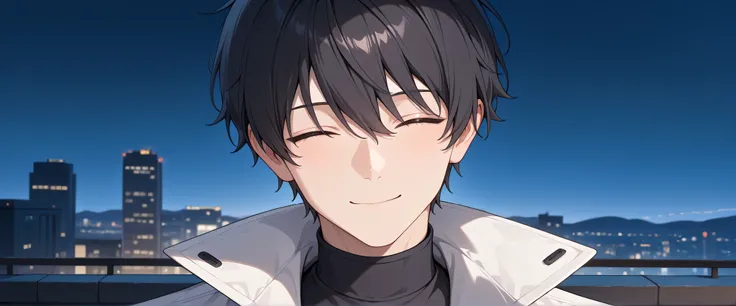 Kevin, masterpiece, Best Quality, very aesthetic, 1boy, cool, Adult male, Height 175cm, male college student, black hair, closed eyes, (white coat, long coat), (black inner), solo,　smile, ((portrait)),　in the night, outdoor, city, neonlite,