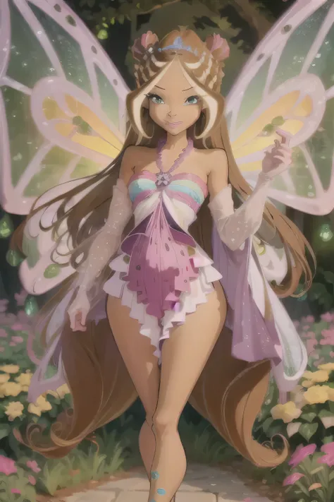 (best quality,masterpiece:1.2),shy smile, fullbody, anime, vivid colors, warm lighting, flowers in background, vibrant garden, touching glower, cute face thick thighs wide hips tiny waist thigh gap perfect face 