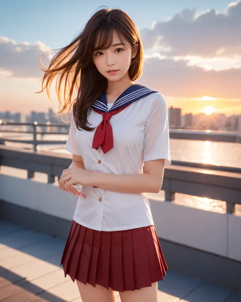 a beautiful detailed portrait of a charming young japanese woman wearing a (sailor uniform) on a dimly lit rooftop, (school rooftop), (intensely red beautiful sunset light), (dazzling sunset light), (on the rooftop, under the beautiful red sunset sky), cow...