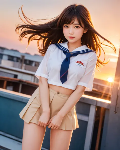 a beautiful detailed portrait of a charming young japanese woman wearing a (sailor uniform) on a dimly lit rooftop, (school rooftop), (intensely red beautiful sunset light), (dazzling sunset light), (on the rooftop, under the beautiful red sunset sky), cow...