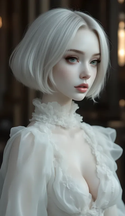 (masterpiece, ultra-detailed, photorealistic, cinematic lighting),  
Sally, short silver-white fluffy bob hair,  
(porcelain ceramic skin, glossy glazed surface, delicate sculpted features, faint blush on cheeks and lips, not plastic, not mannequin),  
lar...
