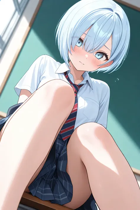 Light Blue Shortcut,Light Blue Eyes,high school girl,Panchira,Blush,