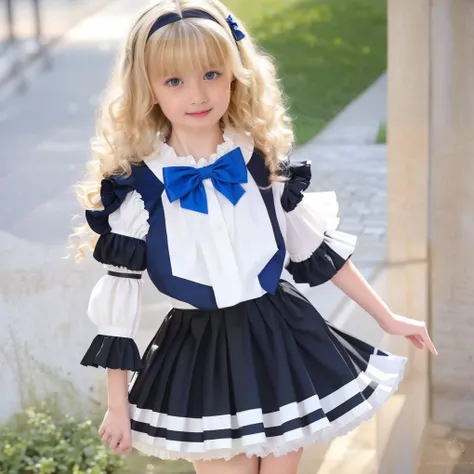 European girl,blue eyes,curls blonde long hair,10 years old,black and white school uniform,pleated skirt,ruffles and ribbon decorations:1.0,puff sleeve,ruffle sleeve,pleated skirt,
