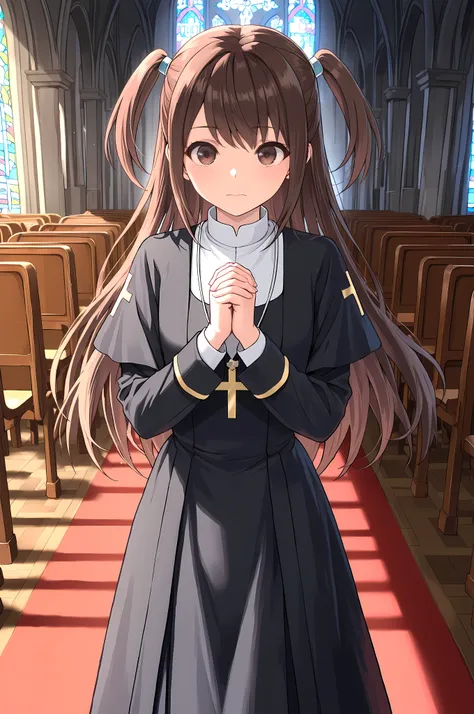  best quality, amazing quality,masterpiece,absurdres,ultra detailed,1 girl ,kizunakazayama, brown hair, two side up, brown eyes, long hair,Female priest, in church, praying,look at view,fullbody