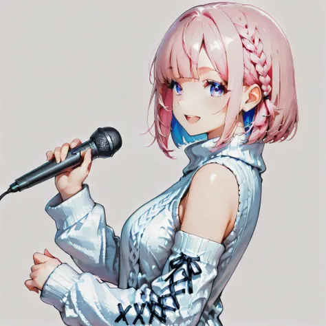 She is wearing an oversized white knit sweater dress. It is loose and comfortable. Single sleeves, wrist-length sleeves, black cross-laced sleeves, pink hair, short bob, blue inner hair, a small blue braid on the left side, slightly longer bangs on the rig...