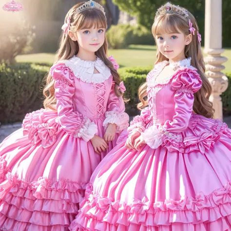 ,Highest Quality, masterpiece, highest resolution, Artwork, super それにget used to it, many get used to it, get used to it, それにget used to it, 3k photos,,((10 year old European girl)),The three are princesses,long ball gown dress with hoop skirt,ruffled yoke...