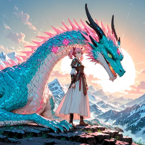  best quality, amazing quality,masterpiece,absurdres,ultra detailed, Cool Pose, High Quality, High Resolution ,High Definition,
,1girl, solo, cute anime girl,short twintails, pink hair, green eyes, hair ribbon, red ribbon,a wise and ancient dragon trainer,...