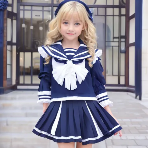 European girl,blue eyes,curls blonde long hair,10 years old,black and white school uniform,(((sailor suit next to the eye,long sleeve,pleated skirt:1.0))),((ruffles and ribbon decorations))