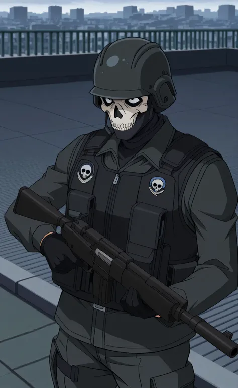 1male, solo, Simon "Ghost" Riley, skull face, fast helmet, black shirt,black Ballistic vest, black Military Combat Uniform, special forces, gun, rooftop, Detective Conan Style