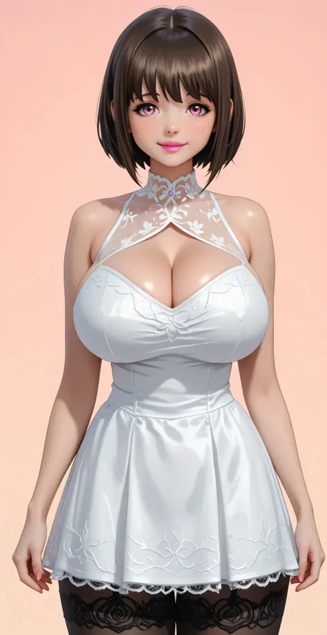 perfect anatomy. maximum resolution. Photo RAW. 8K. (simple background:1.5),Best image quality. solo girl, Chikan Shita, brown Bob hair, PINK eyes, beautiful, VERY WELL DETAILED, pink lipstick, flirty and friendly expression. 
She wears a Shalltear Bloodfa...