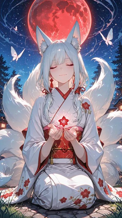 (masterpiece, better quality, ultra-detailed, anime illustration, official art, resolution 8k: 1.3) Ключевое изображение аниме top view: 1 beautiful young woman with kitsune ears and nine gorgeous tails(snow-white hair, snow-white ears, snow-white tails), ...