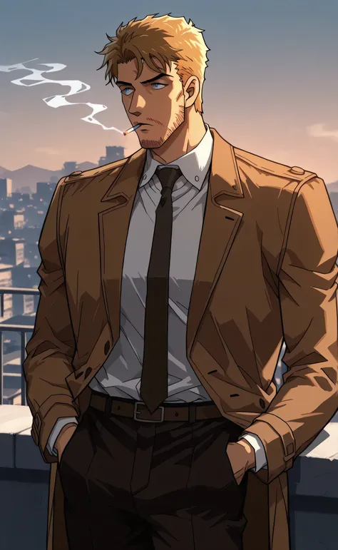 1male, solo, John Constantine, blond hair, short hair, blue eyes, thin beard, brown coat, white shirt, black necktie, black pants, muscle, smoking, cigarette, rooftop, Detective Conan Style