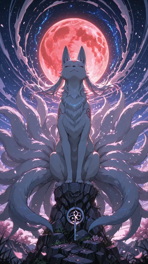 Anime key visual, 1 kitsune, (nine tails:1.3), embracing a massive blood moon, the moon is extremely detailed with visible craters, glowing with an inner light, The kitsune's fur is sleek and has a silvery-white glow, reflecting the moonlight, eyes closed ...