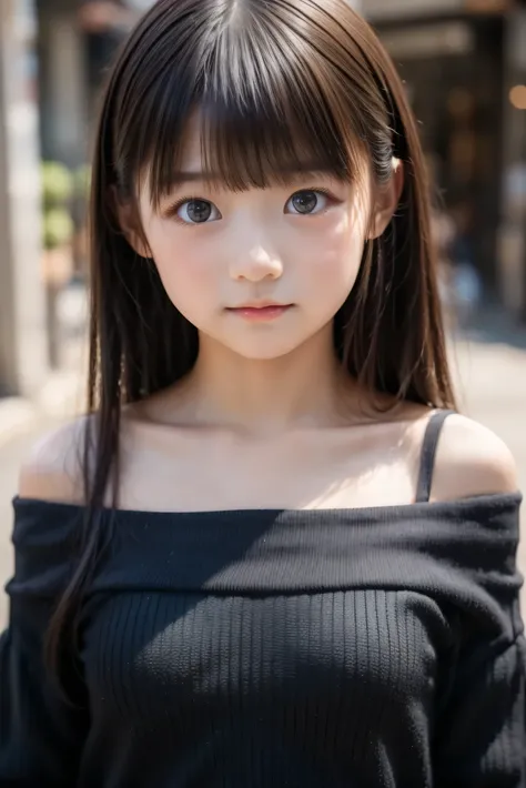 (Young child)、Cute、((Baby face))、Black semi-long hair, long bangs, (Detailed face, Detailed dark brown eyes), Face focus, Collarbone, Off-shoulder,