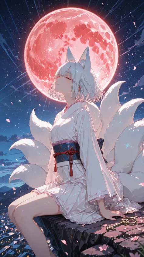 (masterpiece, better quality, ultra-detailed, anime illustration, official art, resolution 8k: 1.3) anime key image: 1 beautiful young woman with kitsune ears and nine gorgeous tails(snow-white hair, snow-white ears, snow-white tails)anime key image, 1 kit...