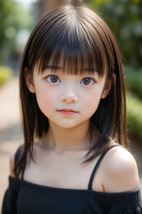 (Young child)、Cute、((Baby face))、Black semi-long hair, long bangs, (Detailed face, Detailed dark brown eyes), Face focus, Collarbone, Off-shoulder,