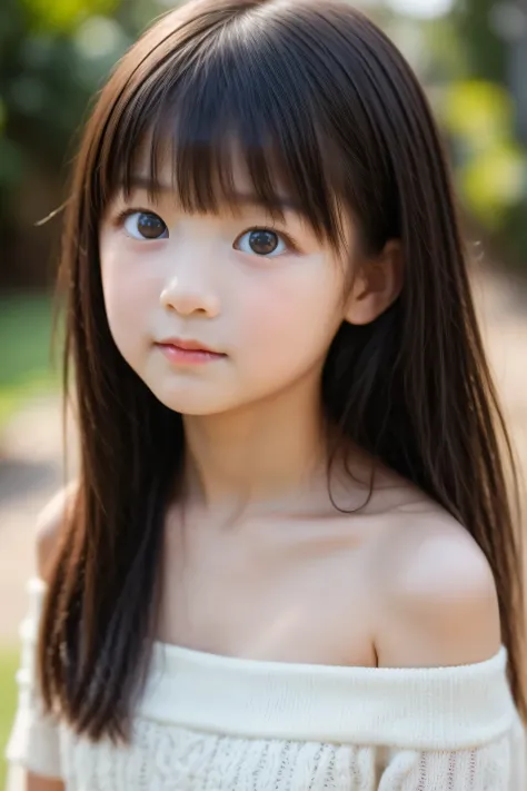 (Young child)、Cute、((Baby face))、Black semi-long hair, long bangs, (Detailed face, Detailed dark brown eyes), Face focus, Collarbone, Off-shoulder,