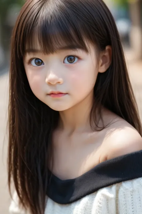 (Young child)、Cute、((Baby face))、Black semi-long hair, long bangs, (Detailed face, Detailed dark brown eyes), Face focus, Collarbone, Off-shoulder,