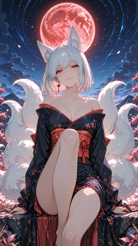 (masterpiece, better quality, ultra-detailed, anime illustration, official art, resolution 8k: 1.3) anime key image: 1 beautiful young woman with kitsune ears and nine gorgeous tails(snow-white hair, snow-white ears, snow-white tails)anime key image, 1 kit...