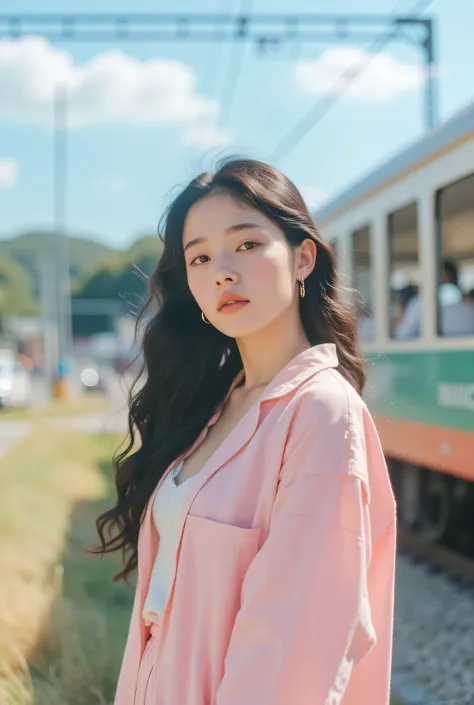 Shonan、 Enoshima Electric Railway、A woman in pajamas 、20 years old、white skin、looks like a K-pop idol、big boobs、Full Body