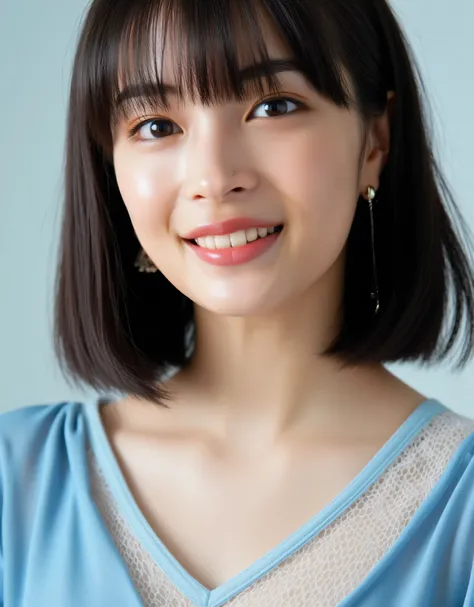 Facial close-up, a sharp focus 35mm photo of a young Asian woman named Suzu. She has a fair complexion and straight, shoulder-length hair with bangs framing her face. Her facial features are delicate, with a small nose, full lips, and large, dark eyes that...
