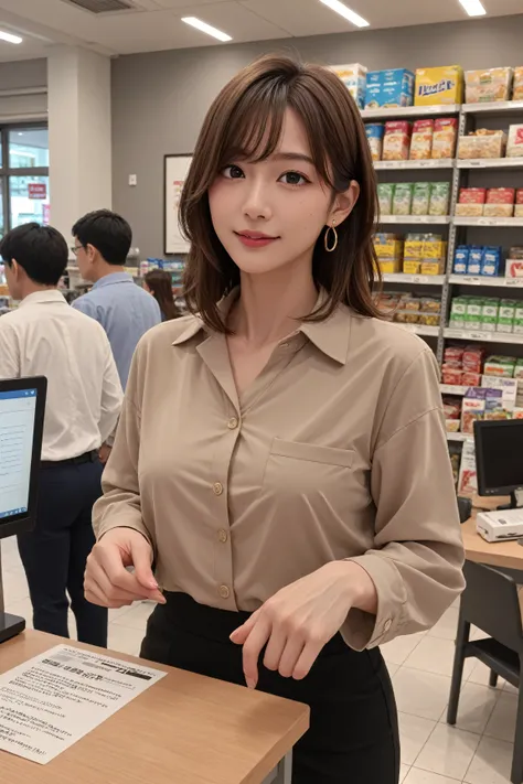 Japanese woman standing at office desk、big boobs、shopping district、Saitou Miyako、medium brown hair