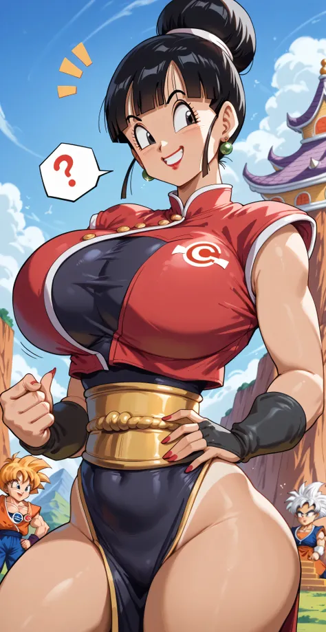 1girl, masterpiece, the best quality, amazing quality, extremely high resolution, (((k4meh4sutr4, Chichi, Dragon Ball.))) ((piel clara)) hair, black eyes, hair atado, hair bun, red lipstick. Qipao in black latex with red trim. Droplet neckline. huge breas...