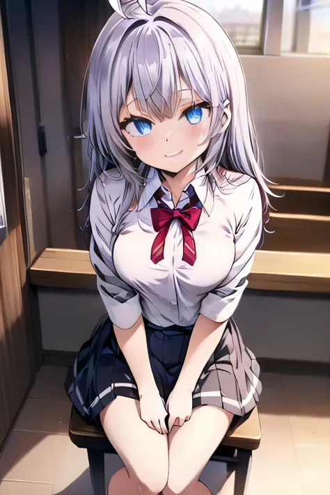 Alisa Mikhailovna Kujo、silver hair、blue eyes、uniform、ahoge、beautiful feet、Girl、At school、 small breasts 、Girl、 small breasts 、Bright smile 、It seems that in about 15 years、Bitan Musumi、He is short 