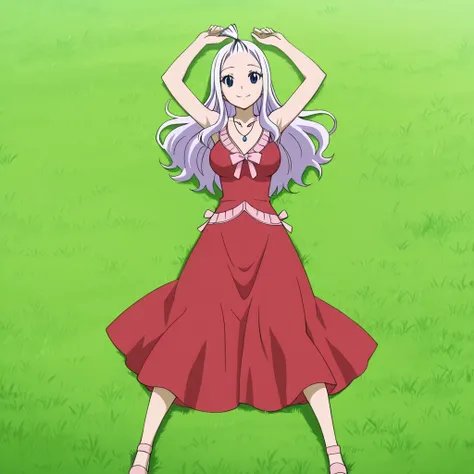 mirajane strauss, long hair, blue eyes, white hair, forehead, mature female, medium breasts, anime screencap, dress, bare shoulders, jewelry, necklace, red dress, ribbon, pink ribbon, anime screencap, best quality, solo, lying, on back, arms up, legs apart...