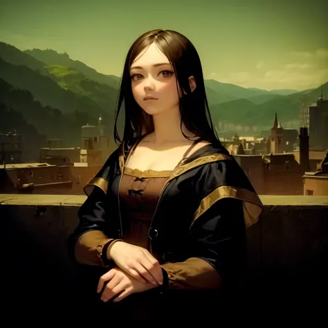 (masterpiece, best quality:1.2) 1girl, brown hair, own hands together, dress, vixi c1 style, abstract background