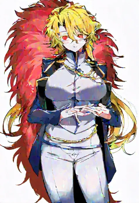 masterpiece, perfect face, beautiful face, perfect hands, beautiful hands, <lora:Don_Quixote_Limbus_Illustrious_V2:1>, DonQuixoteLimbus, DonSancho, vampire, red eyes, red scarf, red fur trim, red feather boa, 1girl, solo, long hair, breasts, looking at vie...