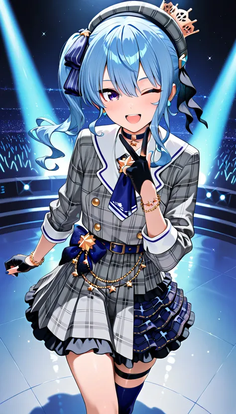 Hoshimachi Suisei, blue eyes, blue hair, side ponytail, plaid beret, crown, blue star choker, star earrings, blue ascot, plaid jacket, grey jacket, white sailor collar, plaid skirt, grey skirt, layered skirt, blue skirt, partially fingerless gloves, star b...