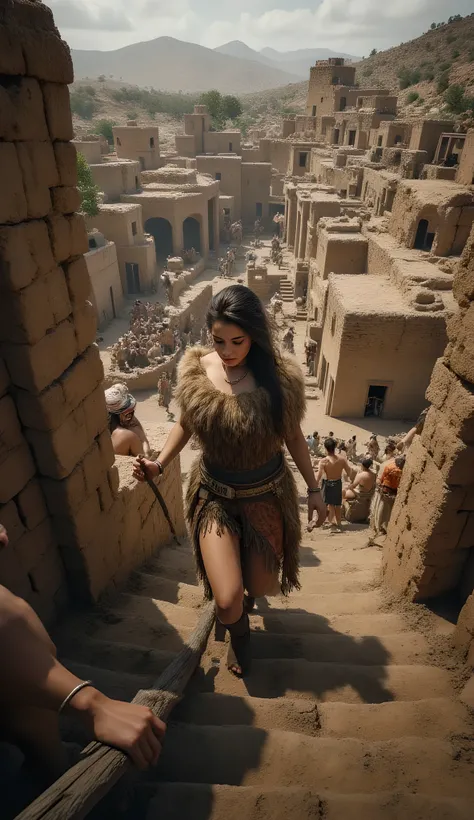 Ancient prehistoric age era,
(Stone civilization age era:1.6), ((Realistic cinematography ultra-wide depth intense details of realistically packed and in between stacked of primitive mud brick on roof town)),step ladders,focused on a detailed of primitive...