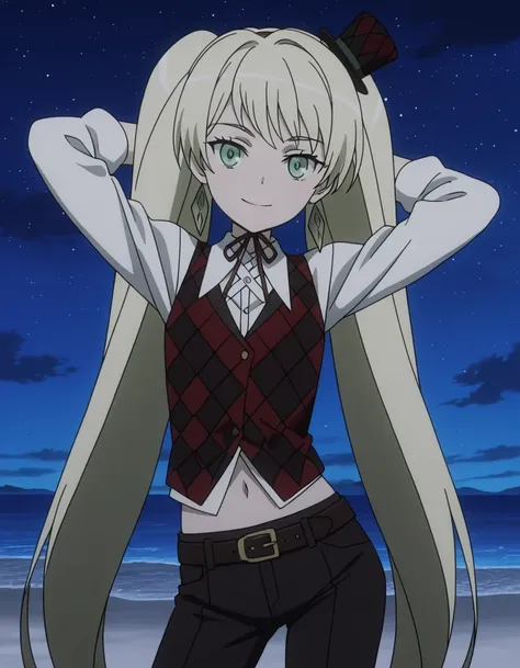 ladylee tangleroad, long hair, blonde hair, twintails, green eyes, anime screencap, hat, navel, jewelry, earrings, vest, mini hat, top hat, belt, shirt, long sleeves, ribbon, white shirt, collared shirt, pants, neck ribbon, checkered clothes, high quality,...