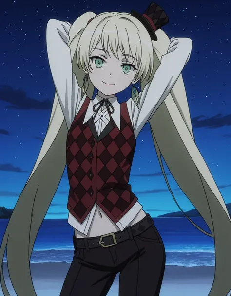 ladylee tangleroad, long hair, blonde hair, twintails, green eyes, anime screencap, hat, navel, jewelry, earrings, vest, mini hat, top hat, belt, shirt, long sleeves, ribbon, white shirt, collared shirt, pants, neck ribbon, checkered clothes, high quality,...