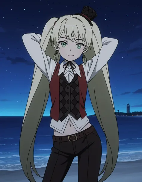 ladylee tangleroad, long hair, blonde hair, twintails, green eyes, anime screencap, hat, navel, jewelry, earrings, vest, mini hat, top hat, belt, shirt, long sleeves, ribbon, white shirt, collared shirt, pants, neck ribbon, checkered clothes, high quality,...