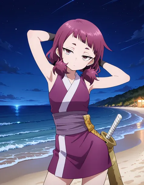 shakuyaku, sleeveless, japanese clothes, hightighs, fingerless gloves, high quality, solo, night sky, beach, hands behind head, ((contrapposto)), closed mouth, cowboy shot, looking at viewer, expressionless, best quality
