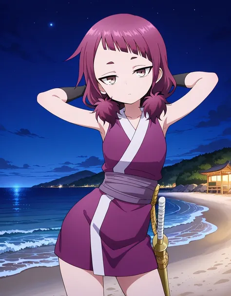 shakuyaku, sleeveless, japanese clothes, hightighs, fingerless gloves, high quality, solo, night sky, beach, hands behind head, ((contrapposto)), closed mouth, cowboy shot, looking at viewer, expressionless, best quality