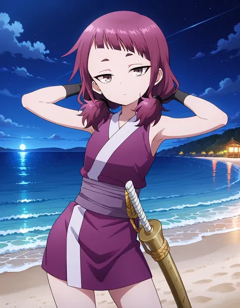 shakuyaku, sleeveless, japanese clothes, hightighs, fingerless gloves, high quality, solo, night sky, beach, hands behind head, ((contrapposto)), closed mouth, cowboy shot, looking at viewer, expressionless, best quality