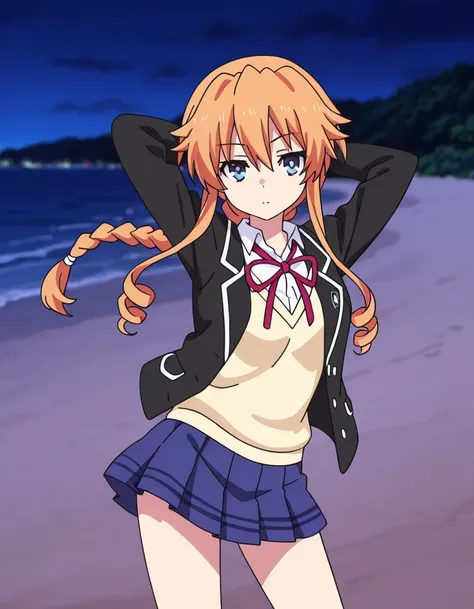 aayuzuru, blue eyes, orange hair, braided ponytail, drill hair, yuzuruschool, school uniform, red neck ribbon, white dress shirt, yellow sweater vest, black blazer, blue skirt, pleated skirt, anime coloring, high quality, solo, night sky, beach, hands behi...