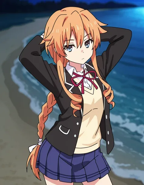 aayuzuru, blue eyes, orange hair, braided ponytail, drill hair, yuzuruschool, school uniform, red neck ribbon, white dress shirt, yellow sweater vest, black blazer, blue skirt, pleated skirt, anime coloring, high quality, solo, night sky, beach, hands behi...