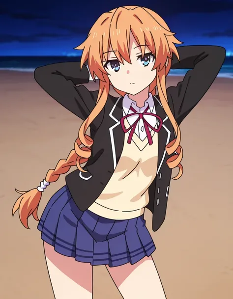aayuzuru, blue eyes, orange hair, braided ponytail, drill hair, yuzuruschool, school uniform, red neck ribbon, white dress shirt, yellow sweater vest, black blazer, blue skirt, pleated skirt, anime coloring, high quality, solo, night sky, beach, hands behi...