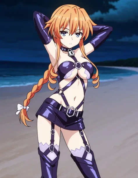 aayuzuru, blue eyes, orange hair, braided ponytail, drill hair, yuzuruspirit, padlock, collar, bondage outfit, black gloves, elbow gloves, navel, black skirt, garter straps, thigh boots, anime screencap, high quality, solo, night sky, beach, hands behind h...