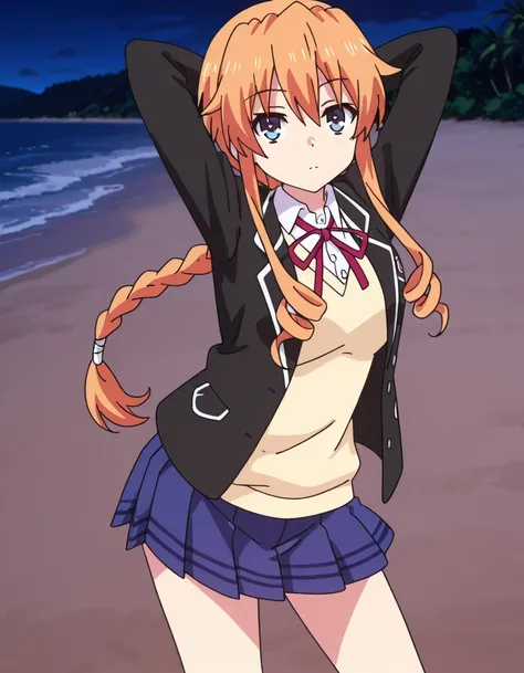 aayuzuru, blue eyes, orange hair, braided ponytail, drill hair, medium breast, yuzuruschool, school uniform, red neck ribbon, white dress shirt, yellow sweater vest, black blazer, blue skirt, pleated skirt, anime coloring, high quality, solo, night sky, be...